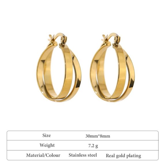 NEW 18K Gold Plated Double Cross Interlocking Round Hoop Earrings - Picture 5 of 5